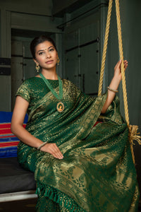 Thumbnail for Vardha Myrtle Green Golden Zari Banarasi Satin Silk Saree