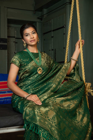 Vardha Myrtle Green Golden Zari Banarasi Satin Silk Saree