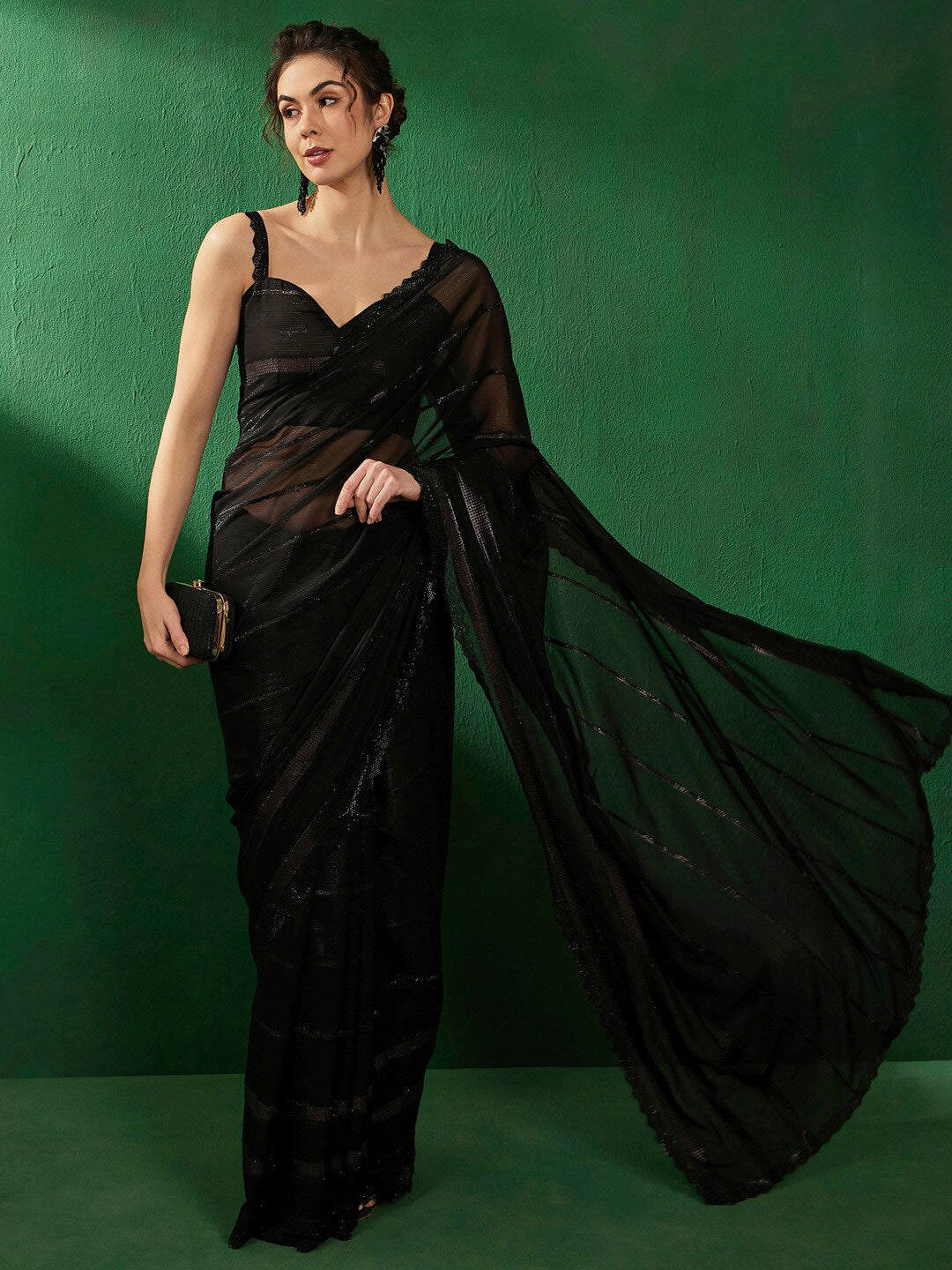 Sangria Embellished Beads & Stones Pure Georgette Saree - Distacart