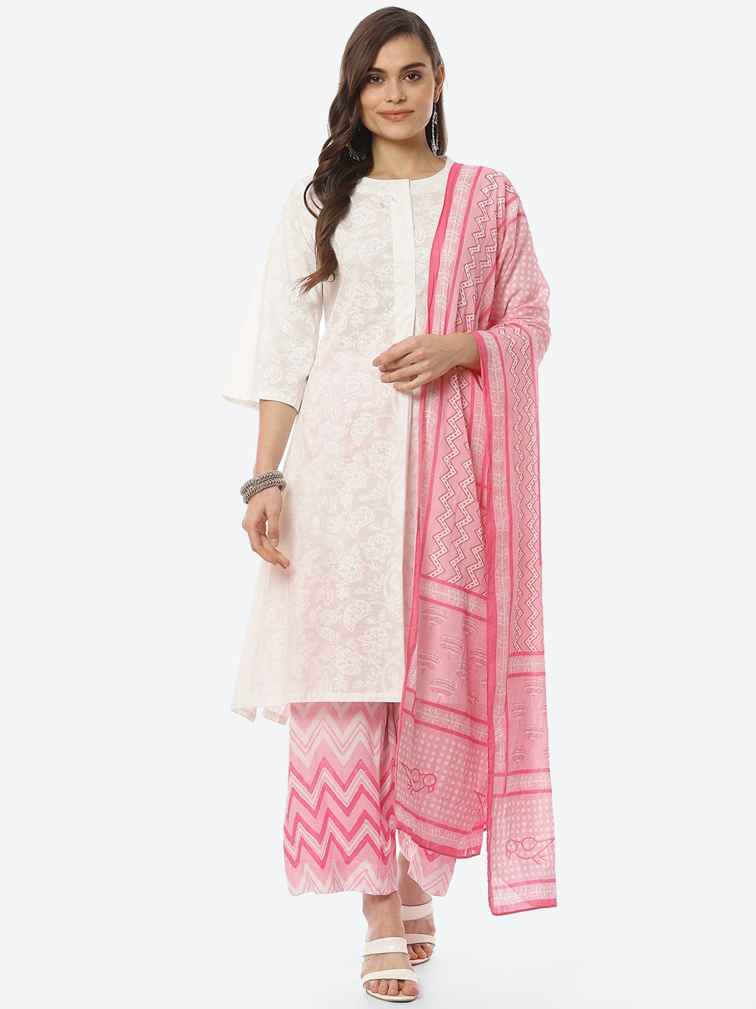 Biba Women White Ethnic Motifs Panelled Pure Cotton Kurta with Palazzos & With Dupatta - Distacart