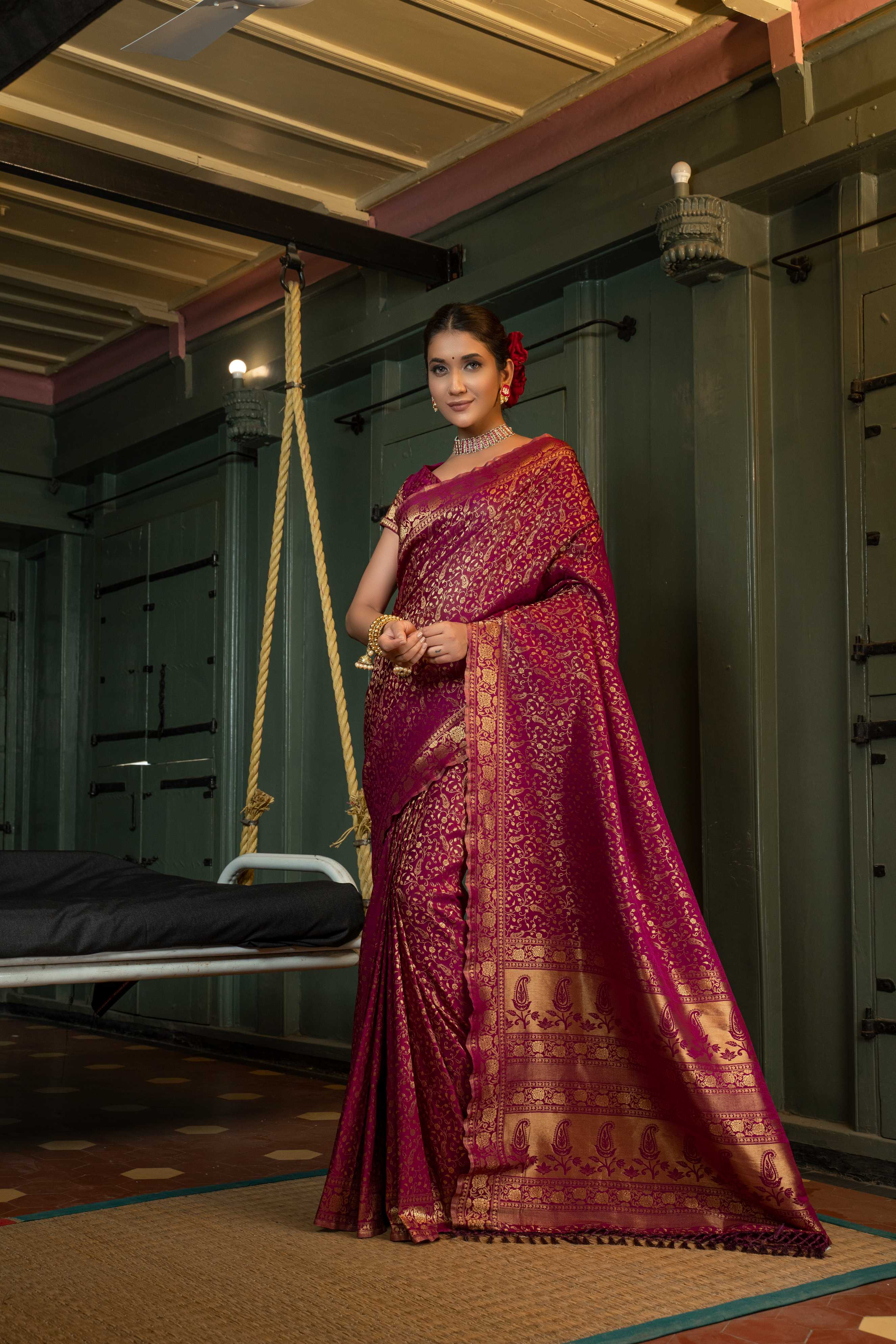 Vardha Wine Purple Golden Zari Banarasi Satin Silk Saree