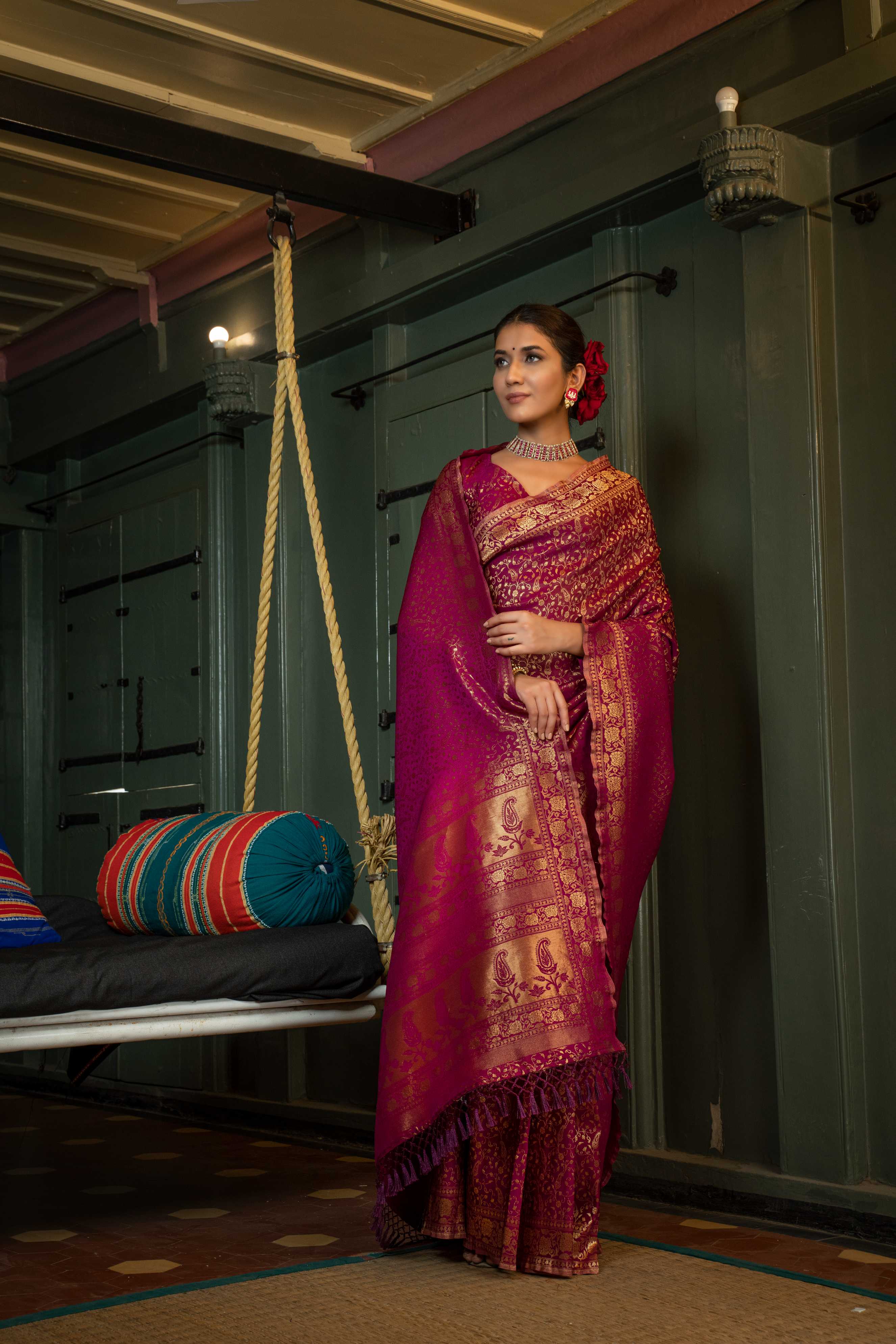 Vardha Wine Purple Golden Zari Banarasi Satin Silk Saree