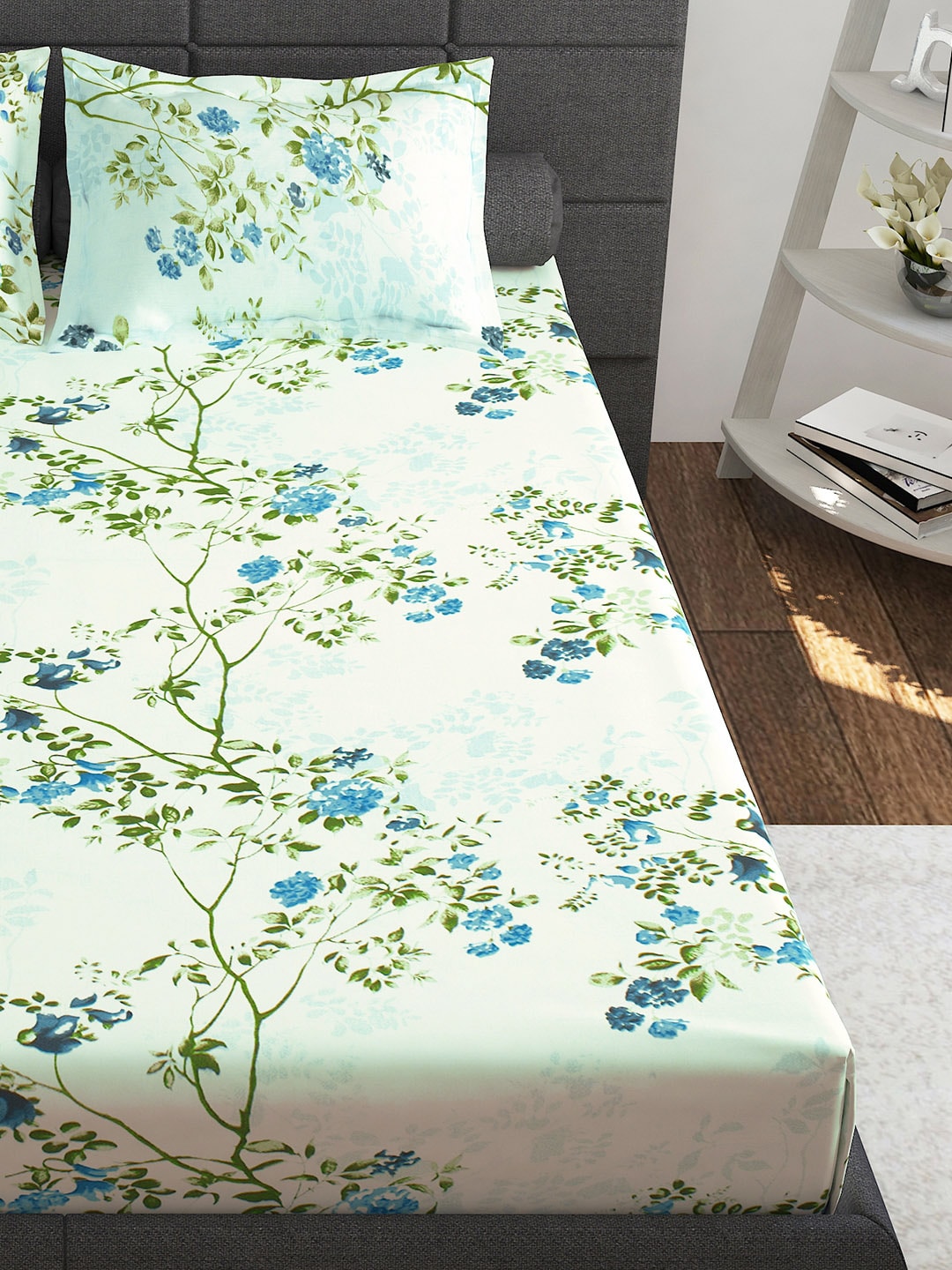 Story@home Ventura Blue & Green Floral Printed 152 TC Queen Bedsheet With 2 Pillow Covers - Distacart
