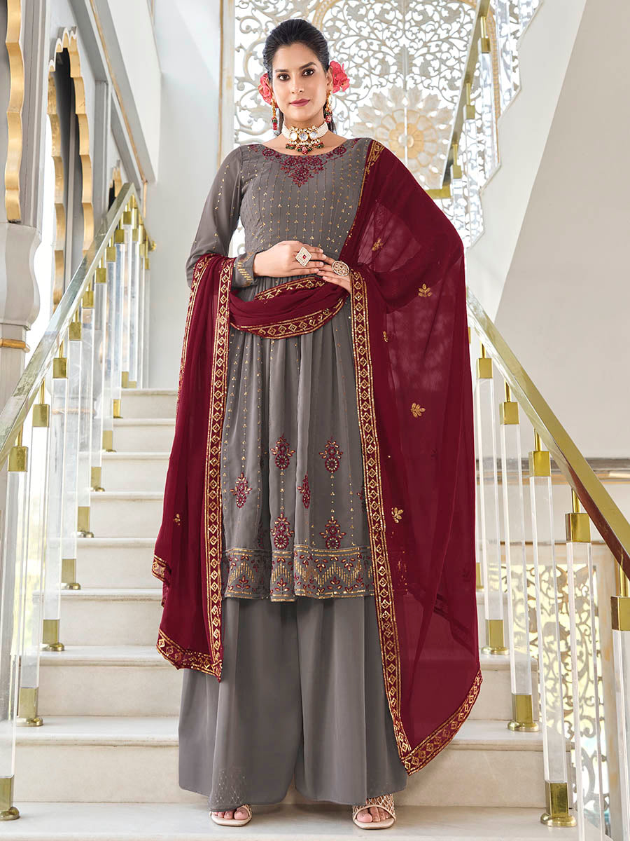 Myra Grey and Wine Real Georgette Gharara Suit - Distacart