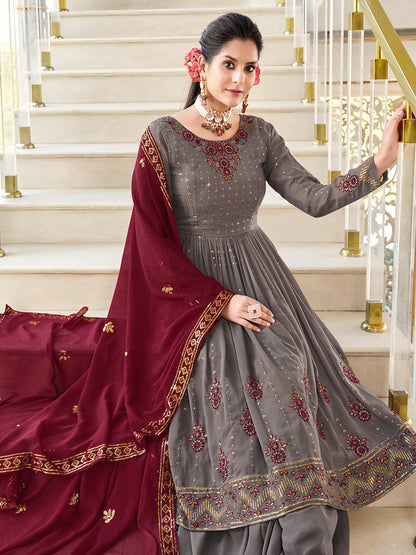 Myra Grey and Wine Real Georgette Gharara Suit - Distacart