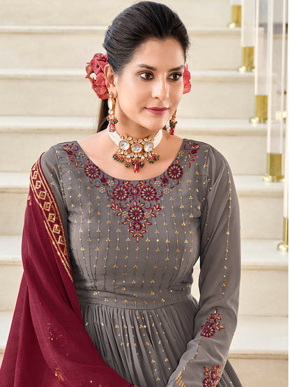 Myra Grey and Wine Real Georgette Gharara Suit - Distacart