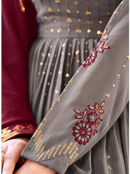 Myra Grey and Wine Real Georgette Gharara Suit - Distacart