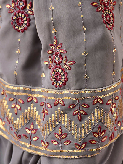 Myra Grey and Wine Real Georgette Gharara Suit - Distacart