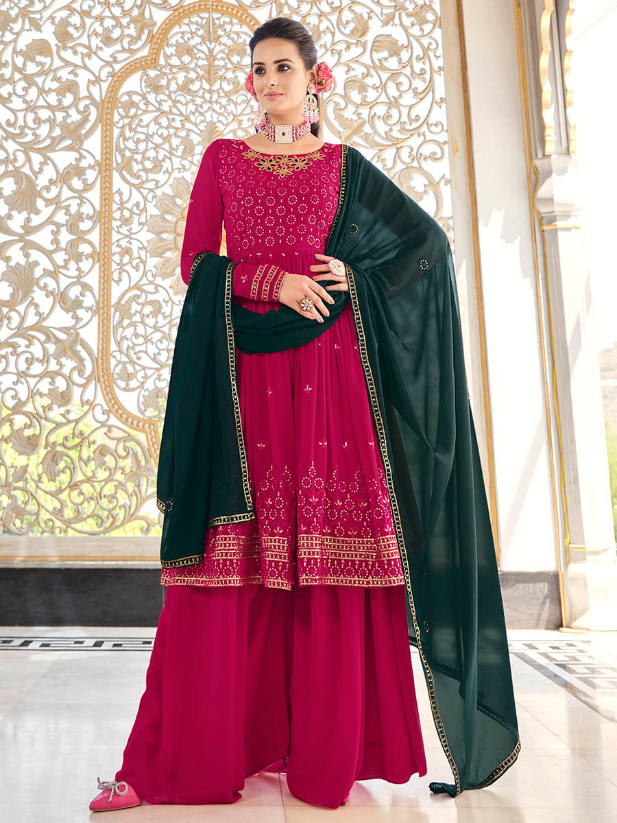 Myra Rani and Green Real Georgette Gharara Suit - Distacart