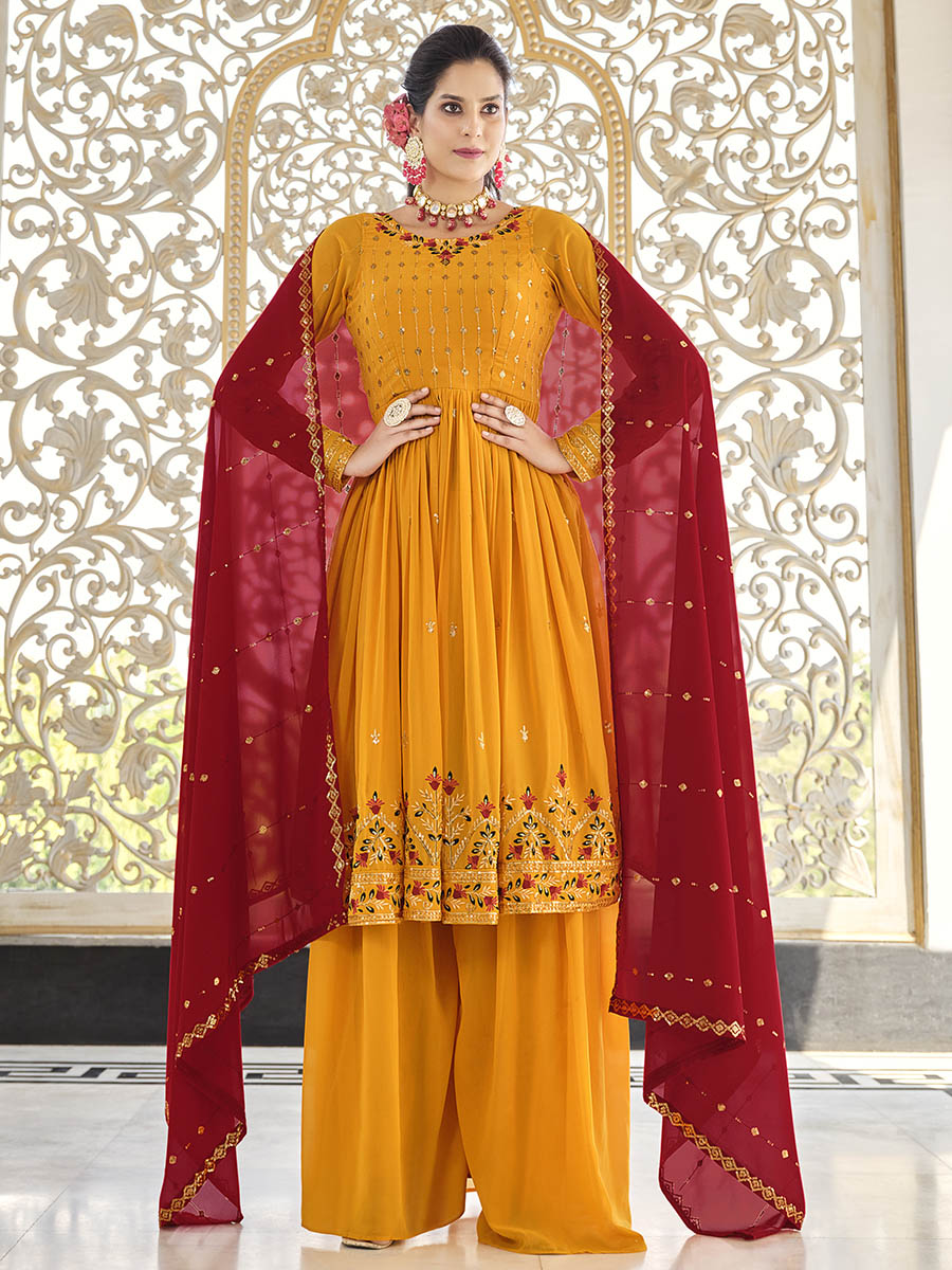 Myra Mustard Yellow and Red Real Georgette Gharara Suit - Distacart