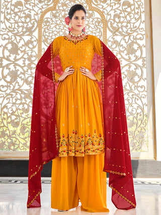 Myra Mustard Yellow and Red Real Georgette Gharara Suit - Distacart