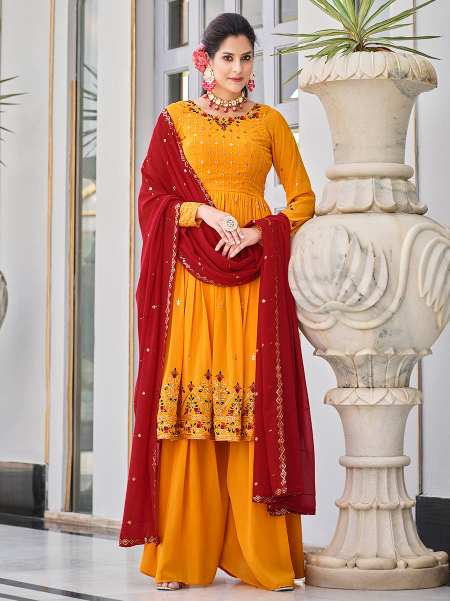 Myra Mustard Yellow and Red Real Georgette Gharara Suit - Distacart