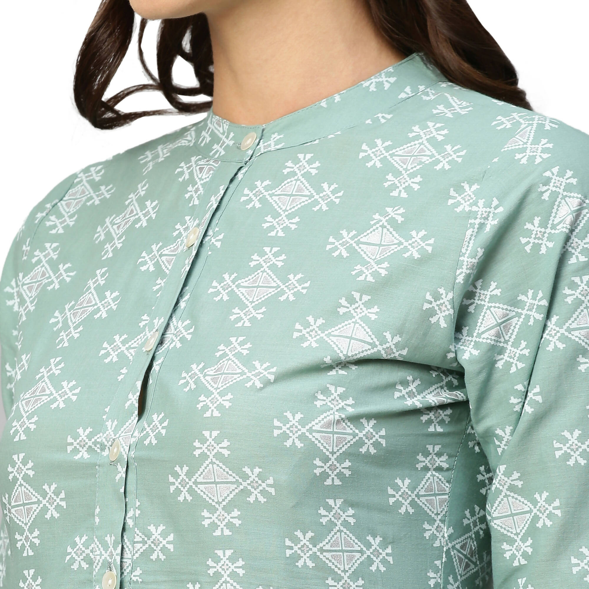 Green & Off-White Ethnic Motifs Printed Cotton A-Line Dress - Poonam - Distacart