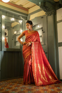 Thumbnail for Vardha Maroon Red Golden Zari Banarasi Satin Silk Saree