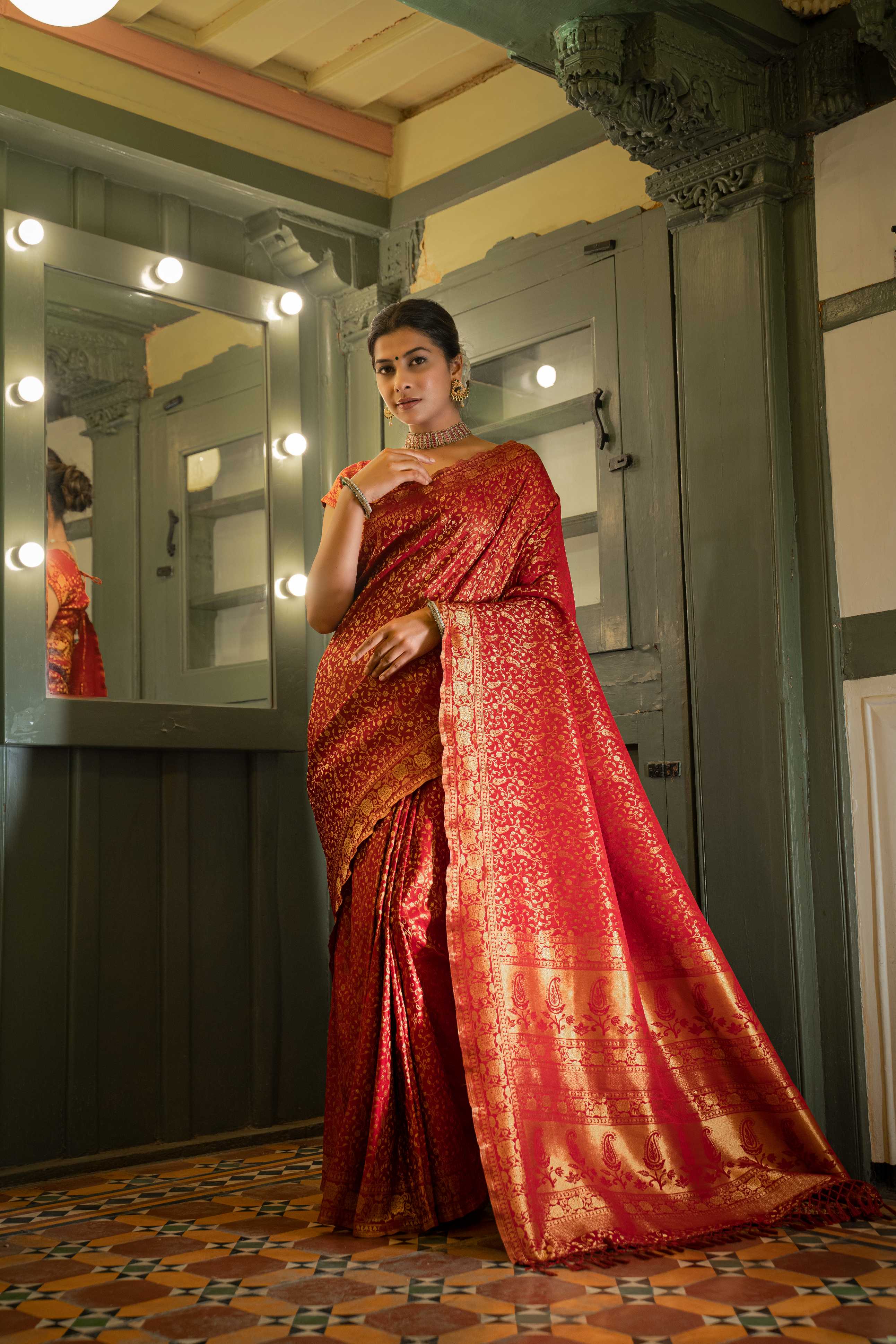 Vardha Maroon Red Golden Zari Banarasi Satin Silk Saree