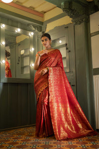 Thumbnail for Vardha Maroon Red Golden Zari Banarasi Satin Silk Saree
