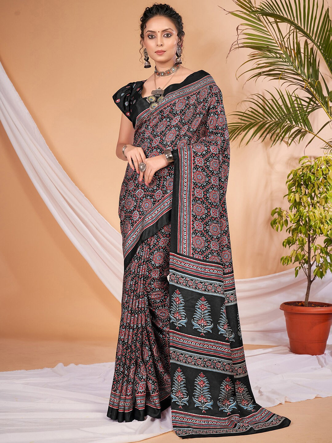 Saree Mall Ajrakh Silk Blend Block Print Sarees - Distacart