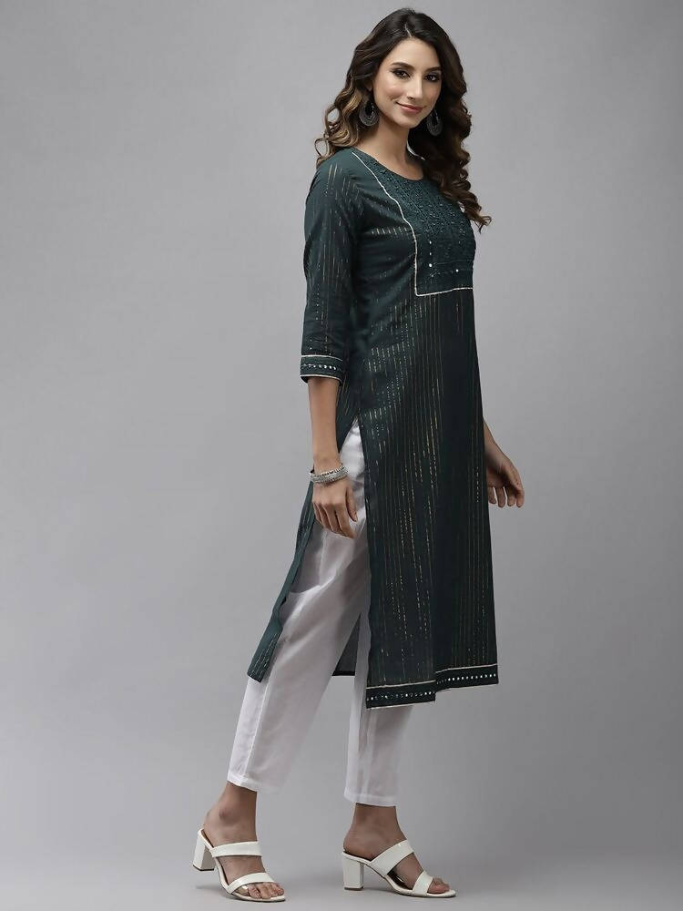 Yufta Women Green Yoke Design Mirror Work Cotton Kurta