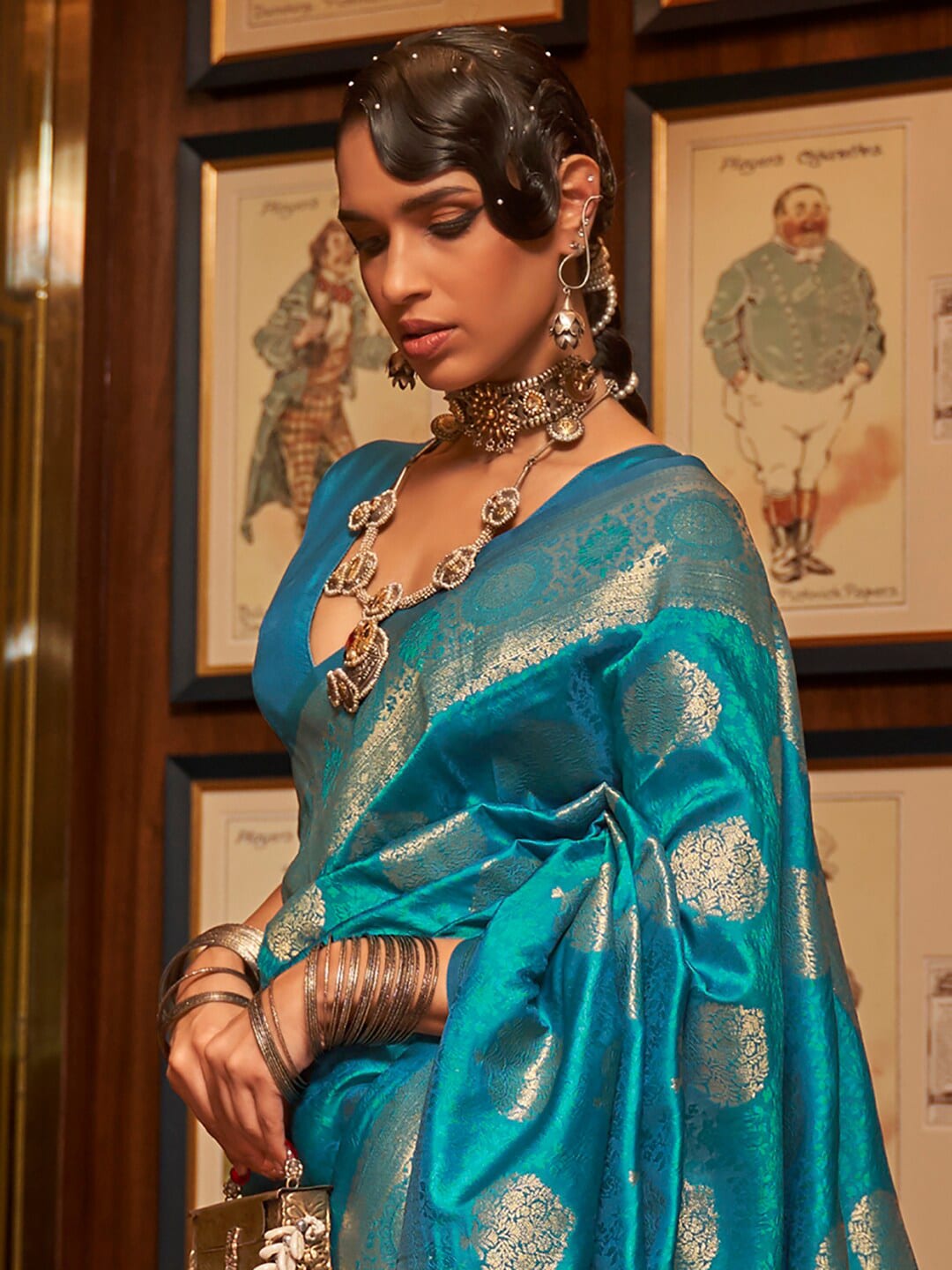 Mitera Blue & Gold-Toned Woven Design Zari Silk Blend Banarasi Saree - Distacart