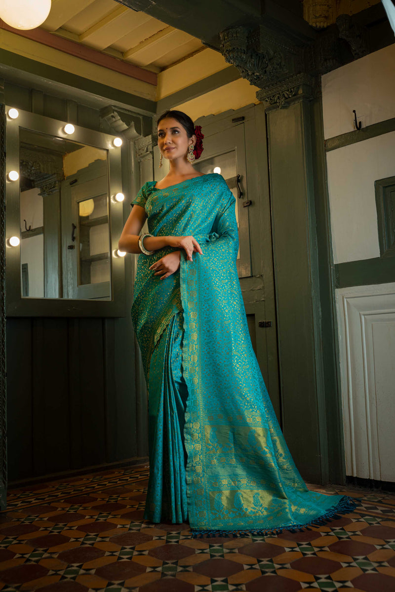 Vardha Beautiful Turquoise Blue Golden Zari Banarasi Satin Silk Saree