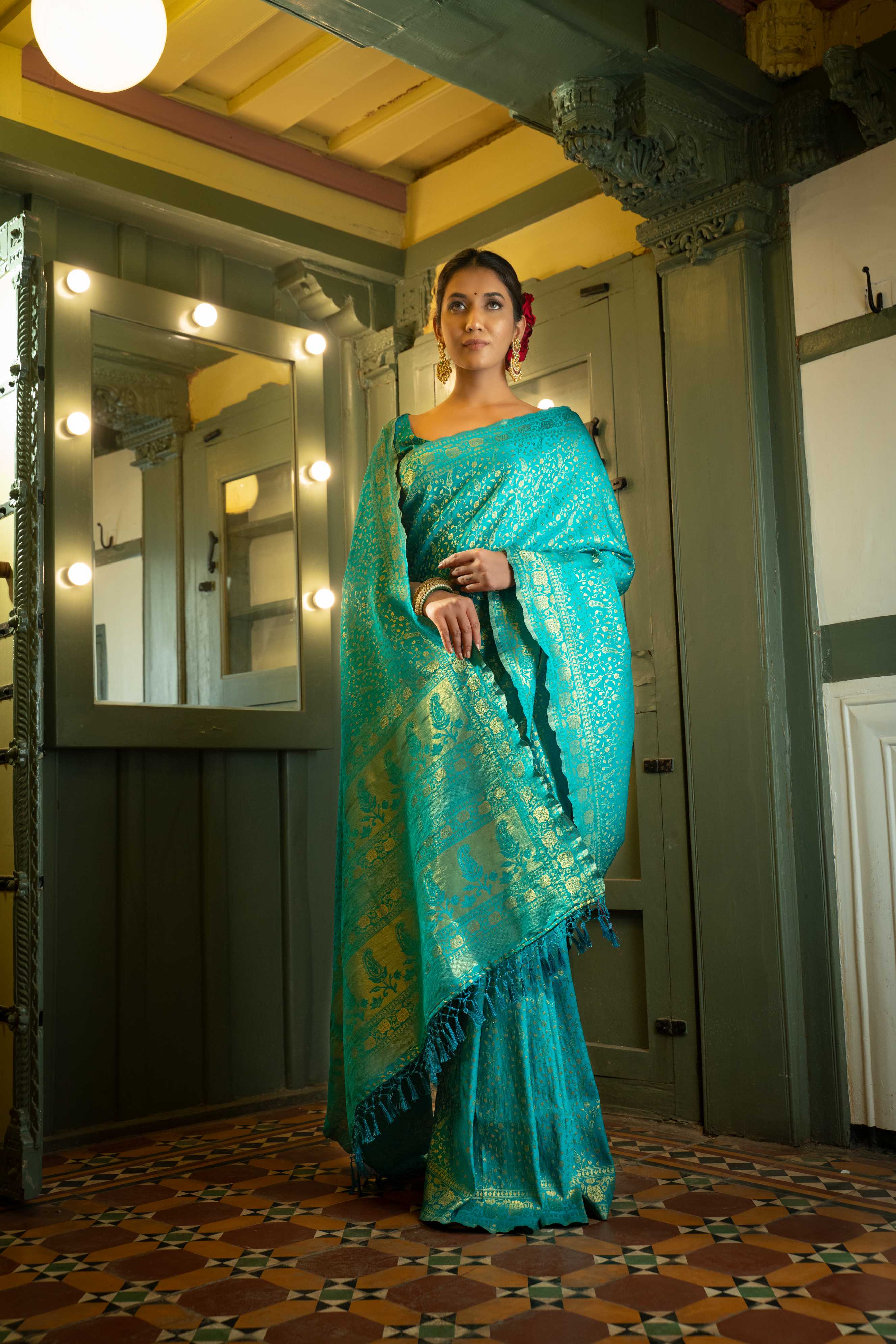 Vardha Beautiful Turquoise Blue Golden Zari Banarasi Satin Silk Saree