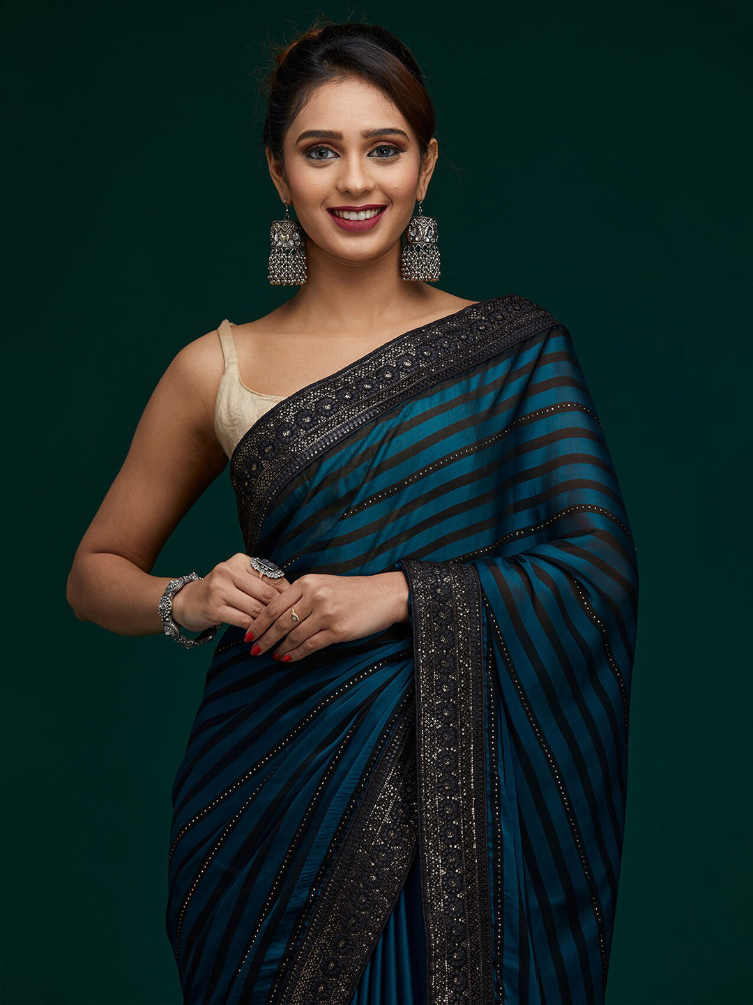 Koskii Women Blue & Silver-Toned Striped Sequined Saree - Distacart