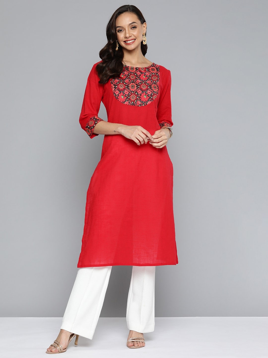 HERE&NOW Women Red & Black Yoke Design Pure Cotton Kurta - Distacart