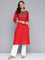 Thumbnail for HERE&NOW Women Red & Black Yoke Design Pure Cotton Kurta - Distacart