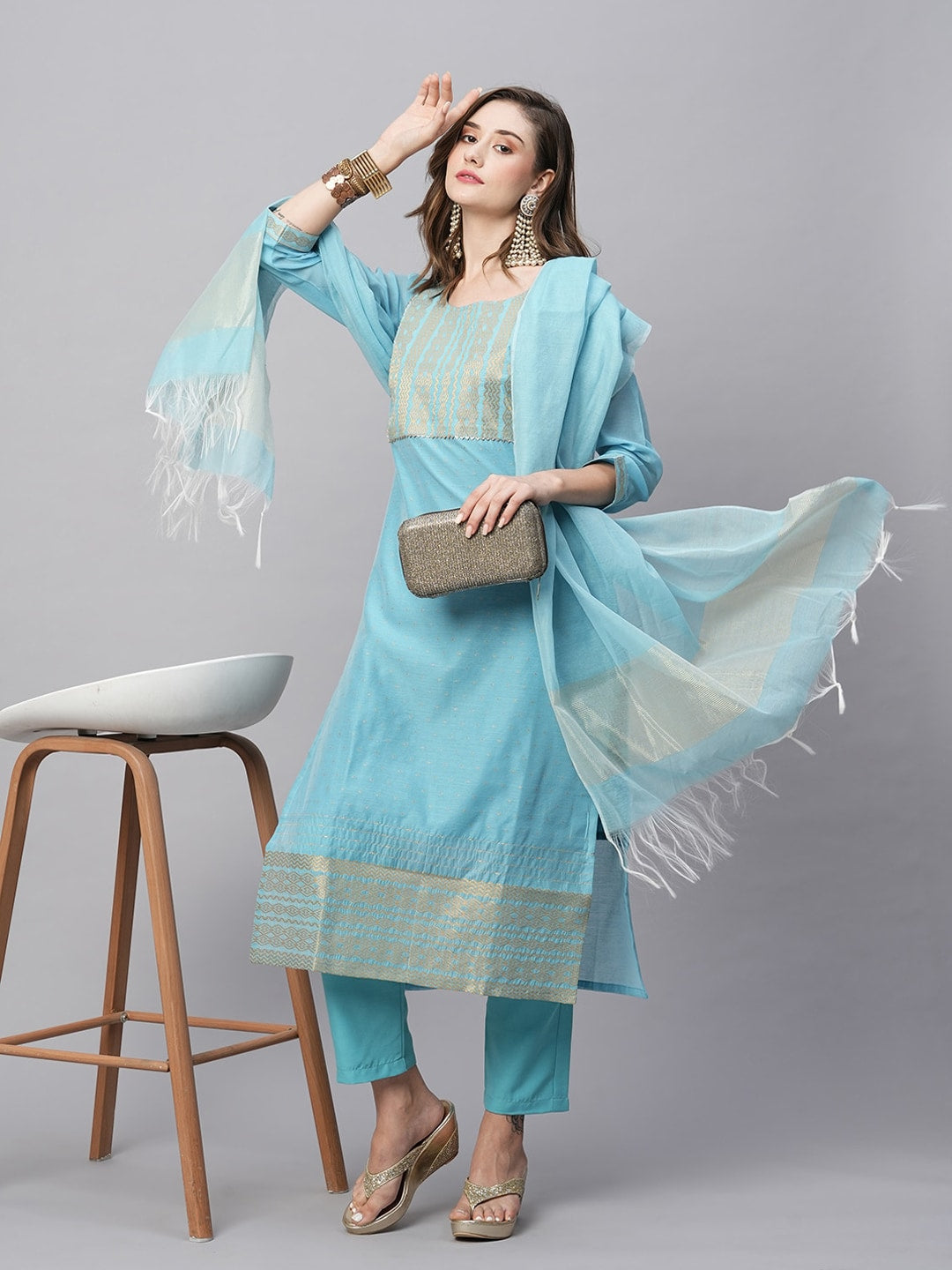 Kalini Ethnic Motifs Yoke Design Gotta Patti Kurta with Trousers & With Dupatta - Distacart