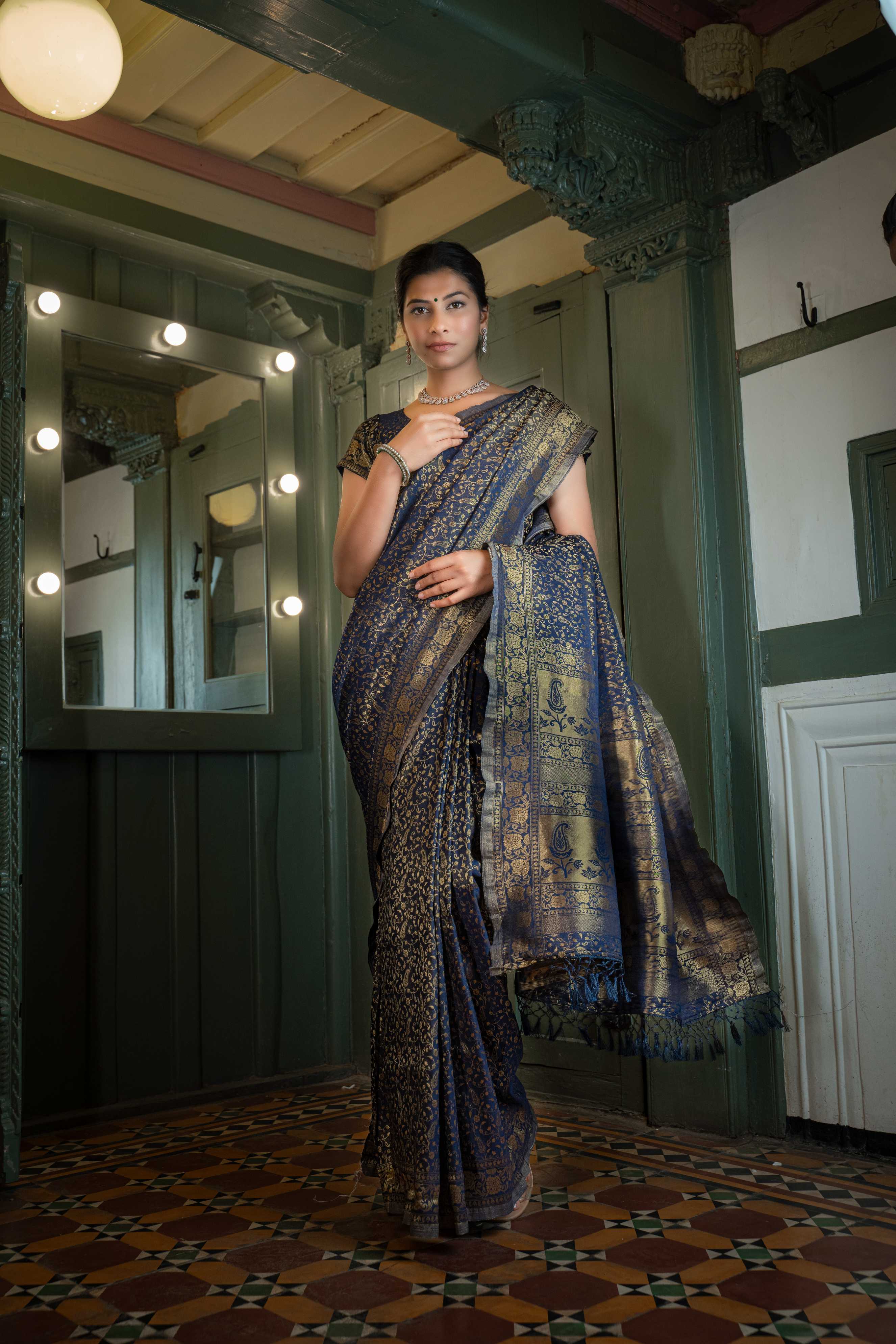 Vardha Midnight Blue Golden Zari Banarasi Satin Silk Saree