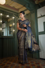 Thumbnail for Vardha Midnight Blue Golden Zari Banarasi Satin Silk Saree