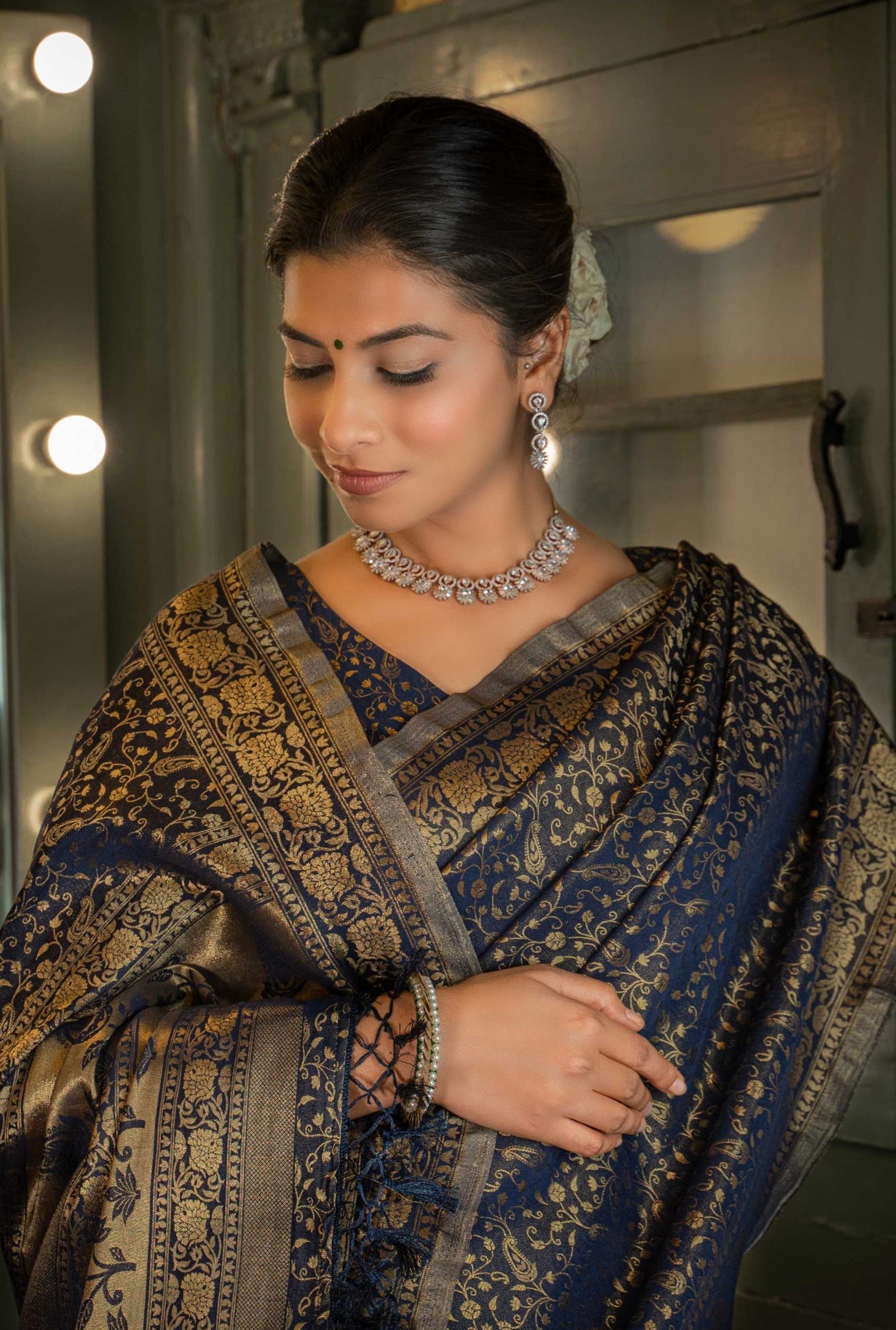 Vardha Midnight Blue Golden Zari Banarasi Satin Silk Saree