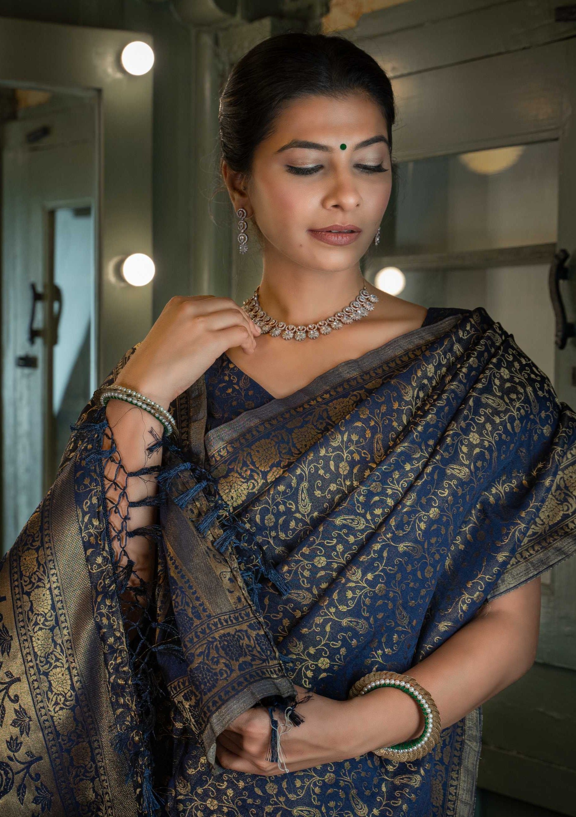 Vardha Midnight Blue Golden Zari Banarasi Satin Silk Saree