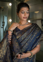 Thumbnail for Vardha Midnight Blue Golden Zari Banarasi Satin Silk Saree