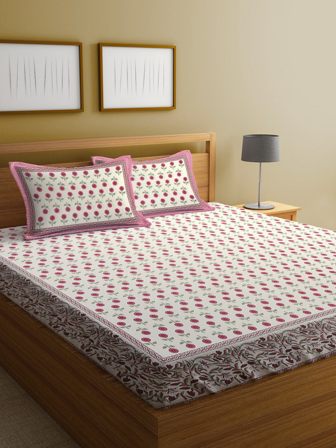 Rajasthan Decor White & Pink Ethnic Motifs 144 TC King Bedsheet with 2 Pillow Covers - Distacart