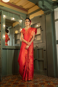 Thumbnail for Vardha Light Red Golden Zari Banarasi Satin Silk Saree