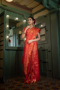 Thumbnail for Vardha Light Red Golden Zari Banarasi Satin Silk Saree