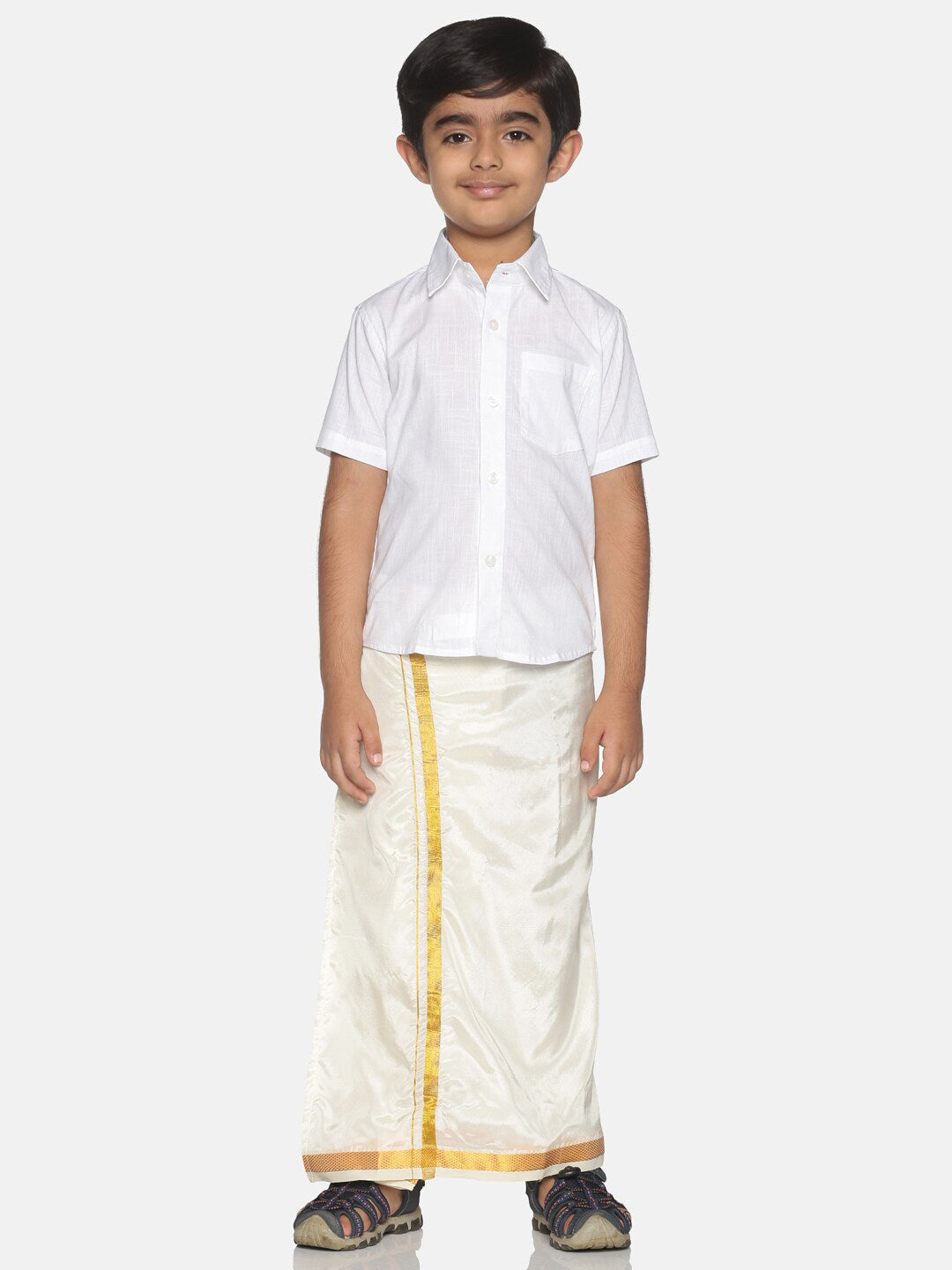 Sethukrishna Boys White & Gold Solid Pure Cotton Shirt & Veshti Set - Distacart