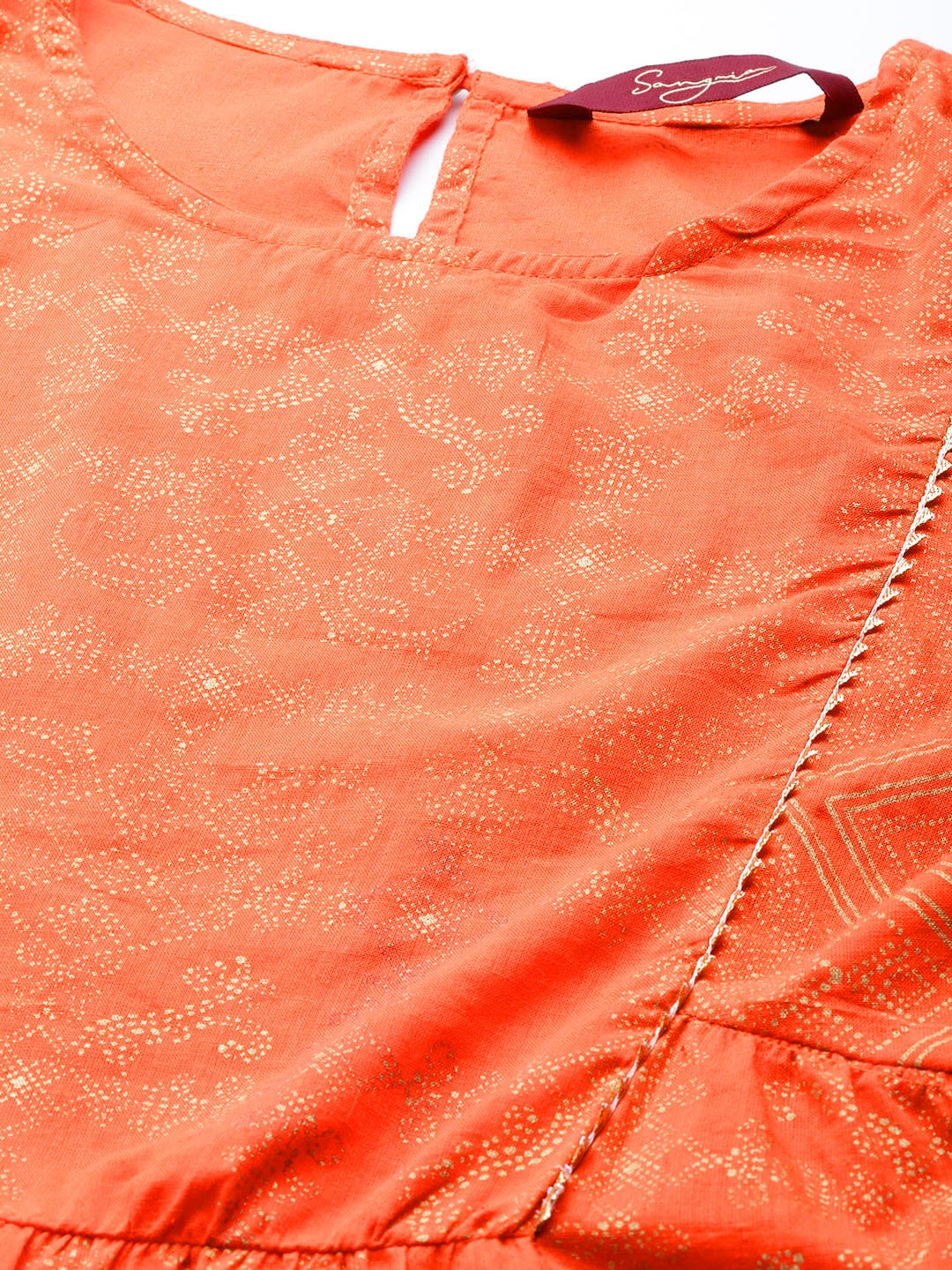 Sangria Women Orange and Golden Ethnic Printed Pure Cotton Kurta with Palazzos - Distacart