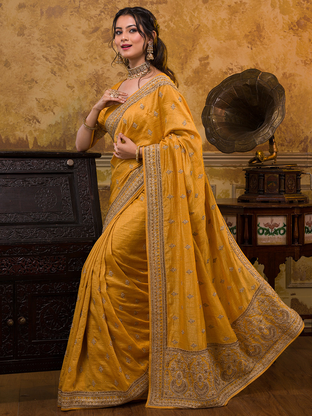 Koskii Women Mustard & Gold-Toned Embroidered Art Silk Heavy Work Saree - Distacart