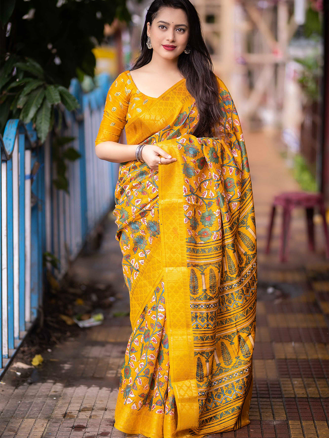 Mitera Yellow Kalamkari Printed Zari Woven Design Saree - Distacart