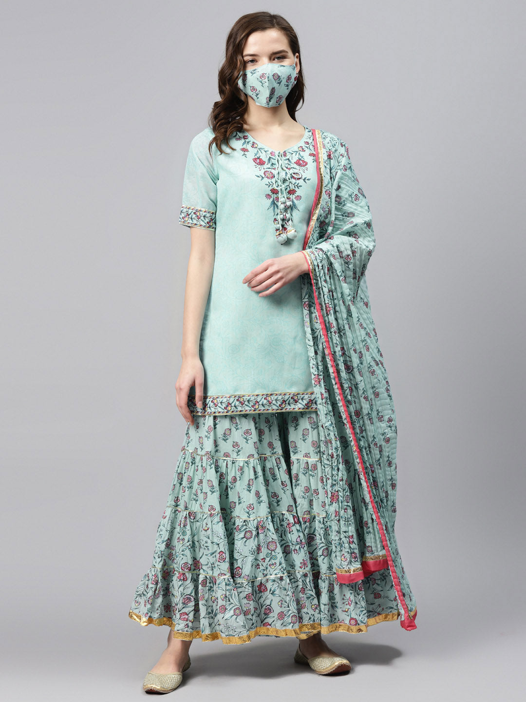 Biba Women Blue Pink Yoke Design Kurti with Sharara Dupatta - Distacart
