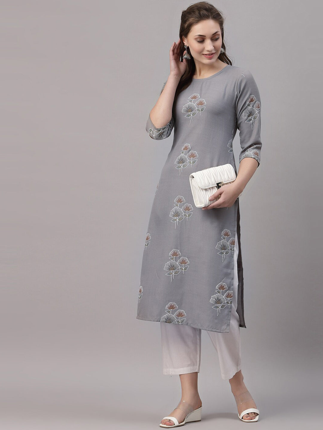 Kalini Women Grey Ethnic Motifs Printed Straight Kurta - Distacart