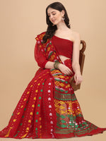 Thumbnail for Kalini Red & Green Ethnic Motifs Silk Cotton Fusion Jamdani Saree - Distacart