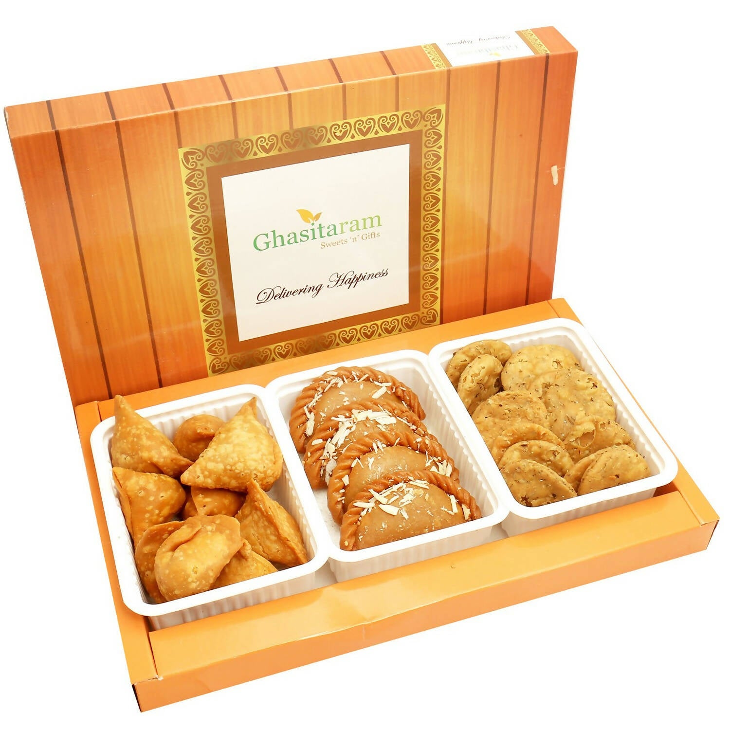 Ghasitaram Holi Hampers: Gujiya, Farsan Samosa and Methi Mathi Namkeen Hamper - Distacart