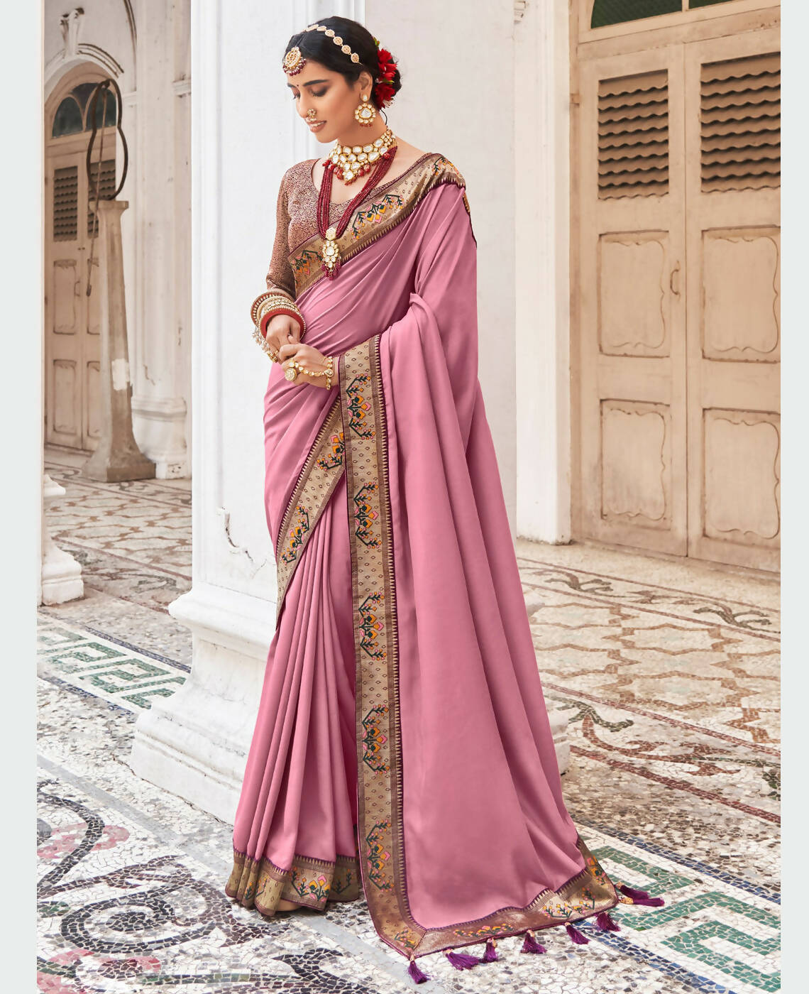 Pink Vichitra Solid Saree With Unstitched Blouse Piece - Juhi - Distacart