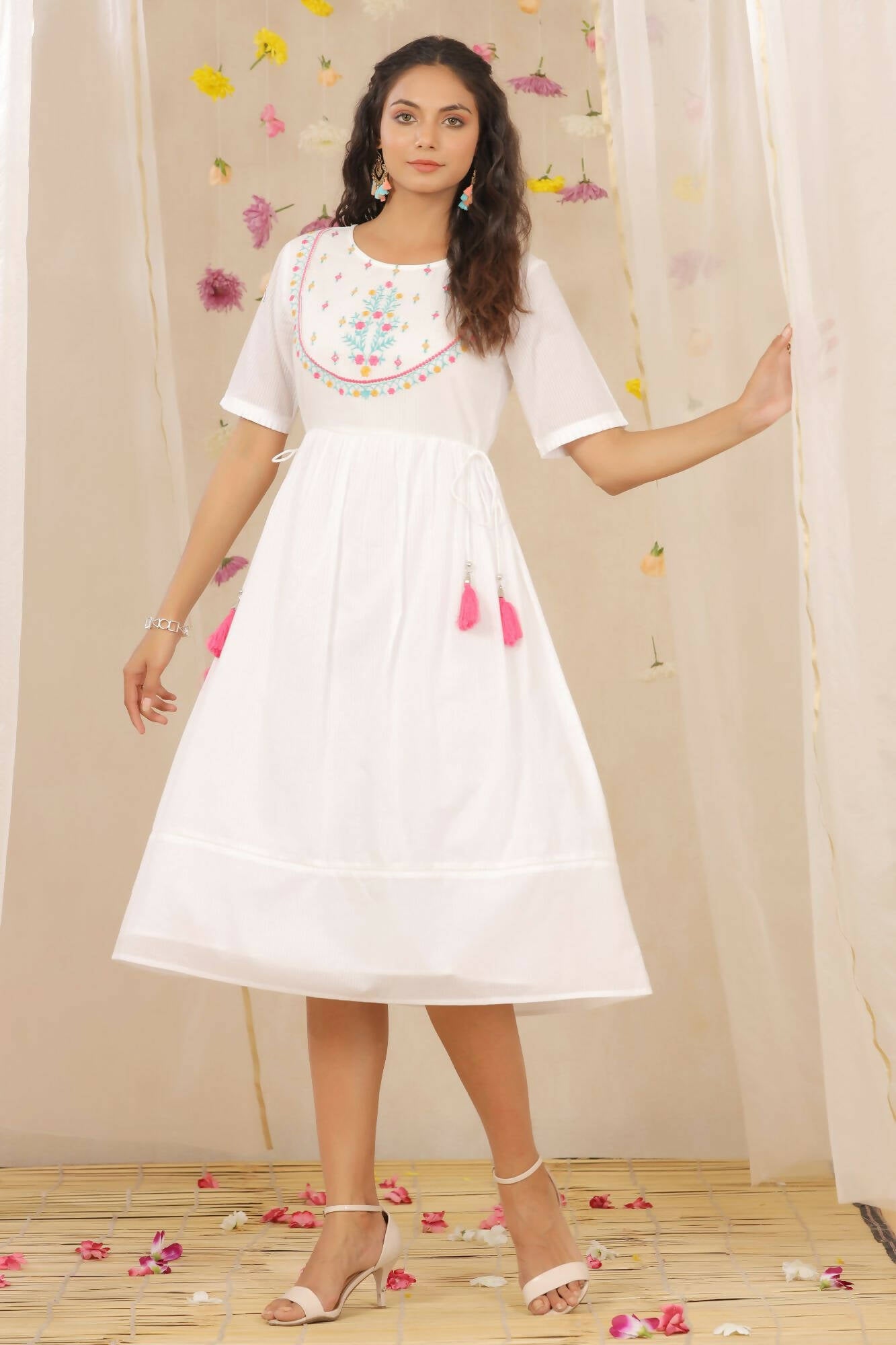 Juniper Women White Cotton Dobby Embroidered A-Line Dress - Distacart