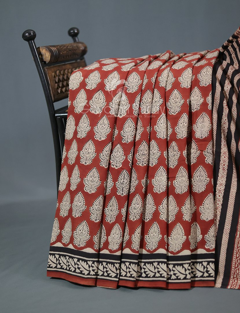 Rust Red Coloured Combination Printed Cotton Saree By Gayathri Reddy Designer Studio - Distacart