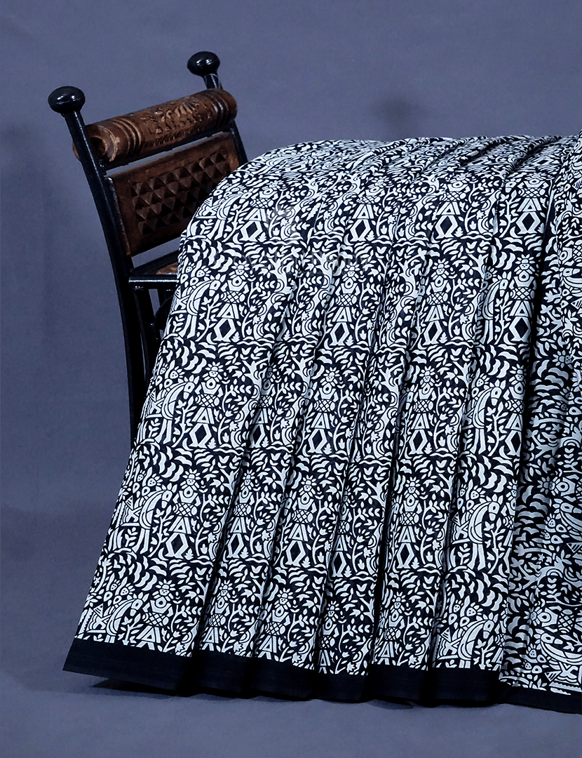 White And Black Combo Block Print Pure Mulmul Cotton Saree By Gayathri Reddy Designer Studio - Distacart