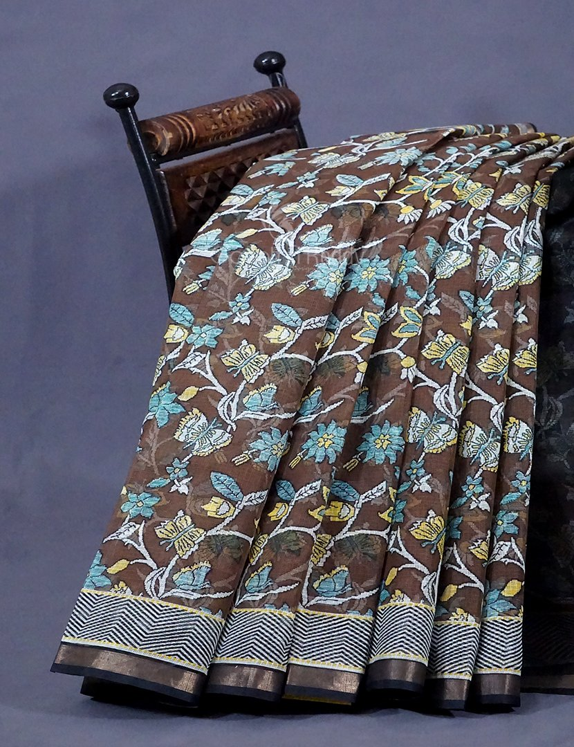 Black And Brown Colour Block Print Pure Kota Cotton Saree By Gayathri Reddy Designer Studio - Distacart